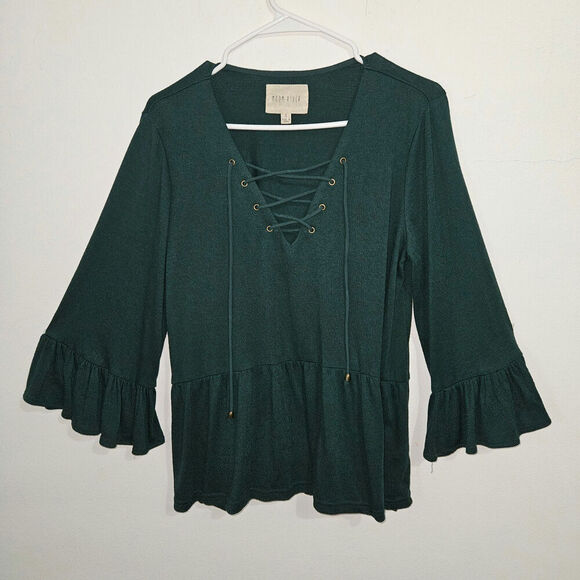 Anthropologie Moon River Lace Up Flare Sleeve Flowy Boho Top. Size Medium. - Picture 4 of 9